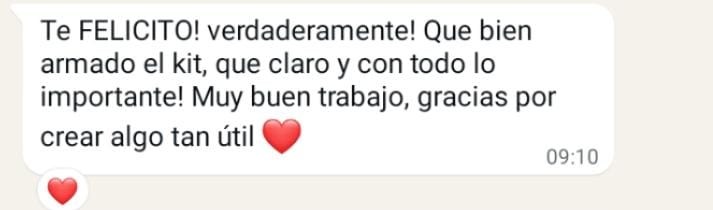 Mensaje de WhatsApp de un colega: «Qué bien armado el kit, qué claro y con todo lo importante»